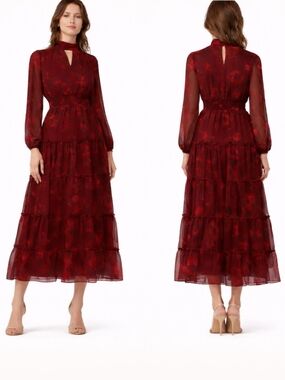 MSK Burgundy Floral Long Sleeve Mock Neck Keyhole Tiered Maxi Dress Large